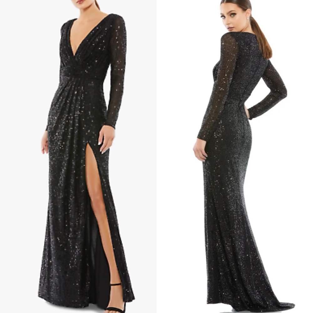 NEW Ieena Mac Duggal LONG SLEEVE V NECK RUCHED FAUX WRAP SEQUINED GOWN 8